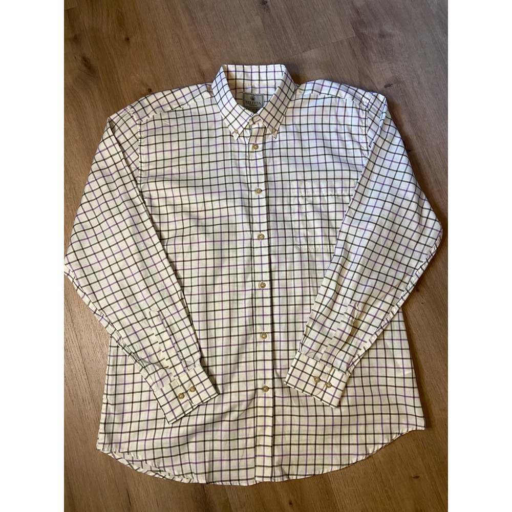 Beretta Button Up Shirt L Cream Green Purple Check Sporting Outdoor Never Worn